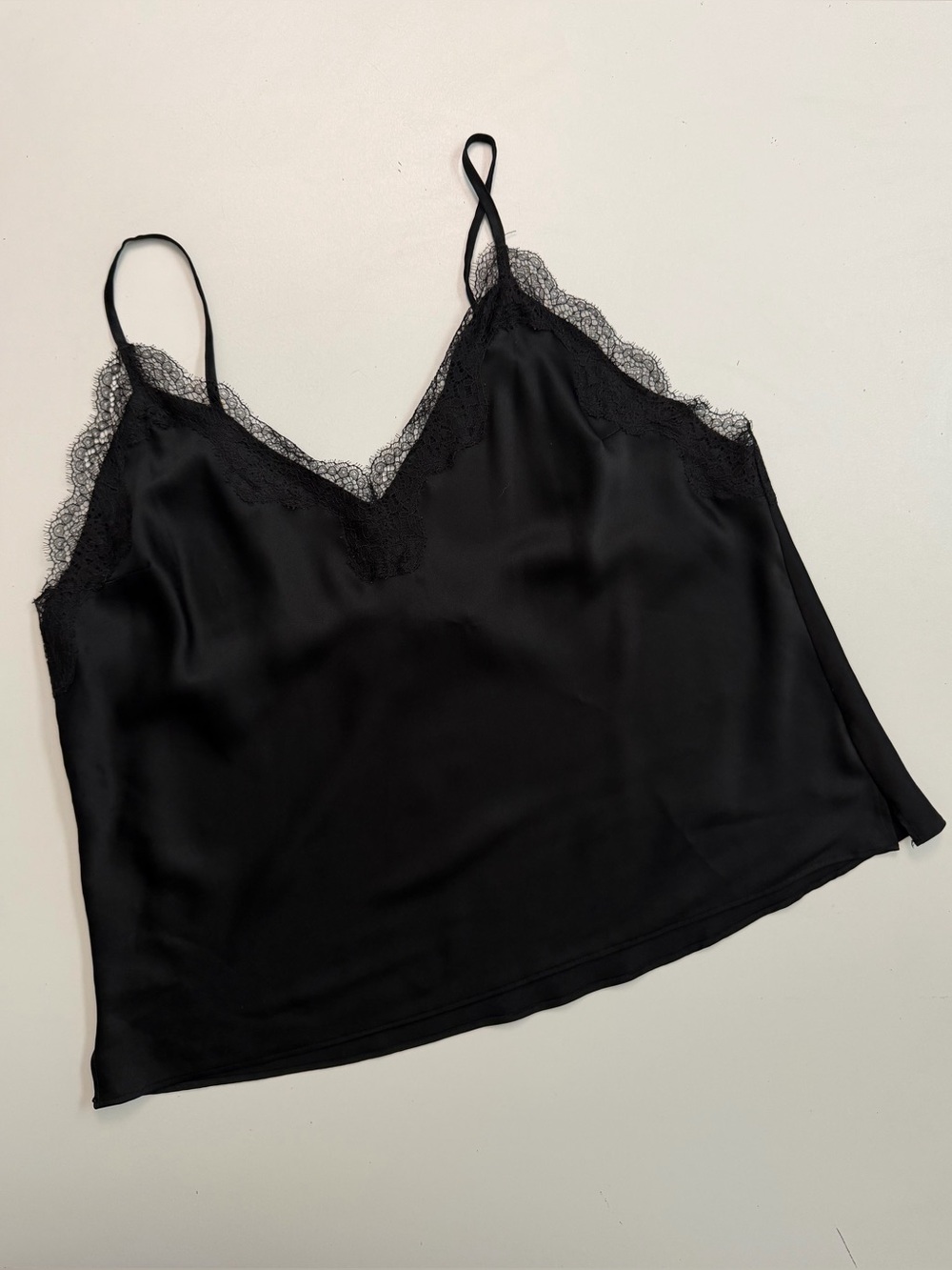 Victorias Secret Cami Nighty Top Tank Cropped Lace Trim Satin Silky Sexy Black